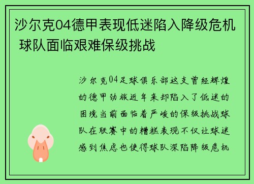 沙尔克04德甲表现低迷陷入降级危机 球队面临艰难保级挑战