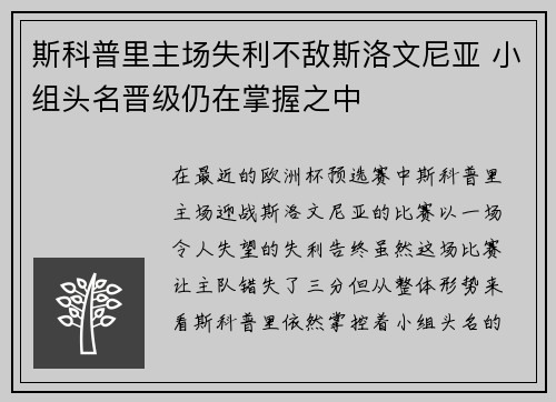 斯科普里主场失利不敌斯洛文尼亚 小组头名晋级仍在掌握之中