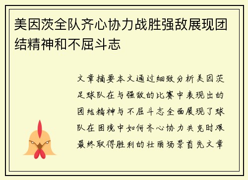 美因茨全队齐心协力战胜强敌展现团结精神和不屈斗志