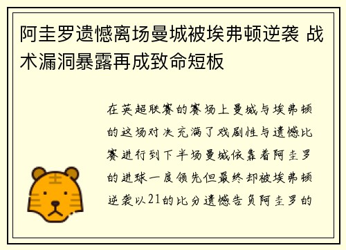 阿圭罗遗憾离场曼城被埃弗顿逆袭 战术漏洞暴露再成致命短板