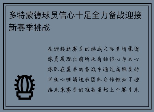 多特蒙德球员信心十足全力备战迎接新赛季挑战