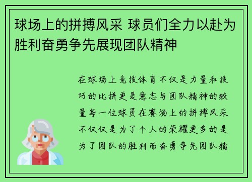 球场上的拼搏风采 球员们全力以赴为胜利奋勇争先展现团队精神