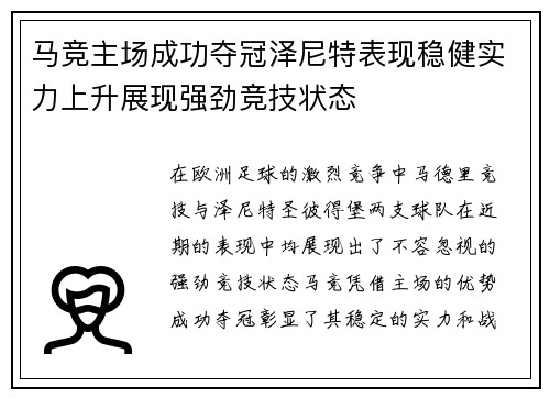 马竞主场成功夺冠泽尼特表现稳健实力上升展现强劲竞技状态