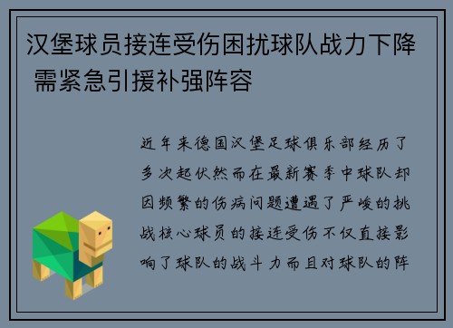 汉堡球员接连受伤困扰球队战力下降 需紧急引援补强阵容
