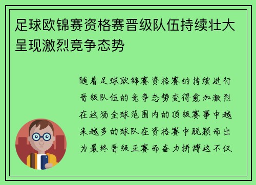 足球欧锦赛资格赛晋级队伍持续壮大呈现激烈竞争态势