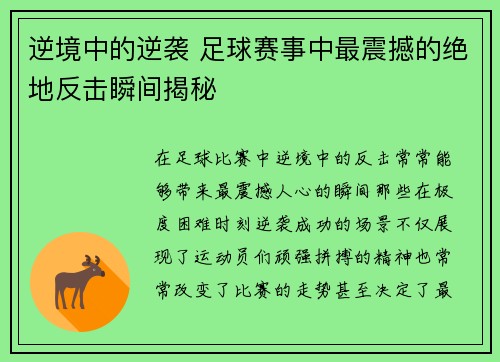 逆境中的逆袭 足球赛事中最震撼的绝地反击瞬间揭秘