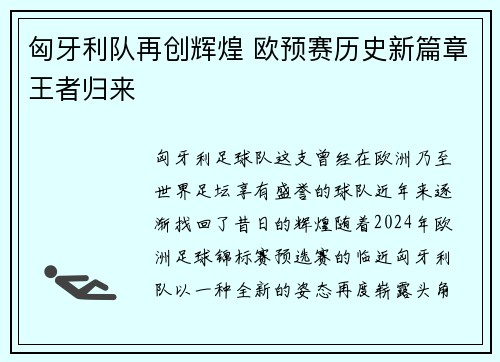 匈牙利队再创辉煌 欧预赛历史新篇章王者归来